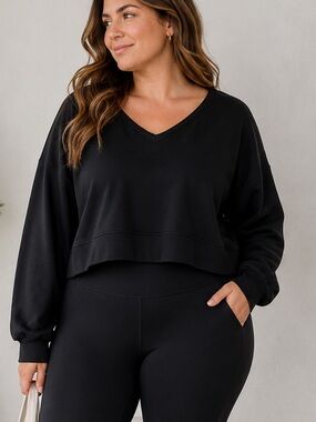 CARACILIA Black Vee Neck Oversized Athleisure Crop Sweatshirt Size XL